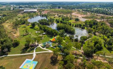 Aerial image showing Marlow Lagoon including pathways and basketball court