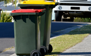 Image: General bin with red lid and recycling bin in yellow lid