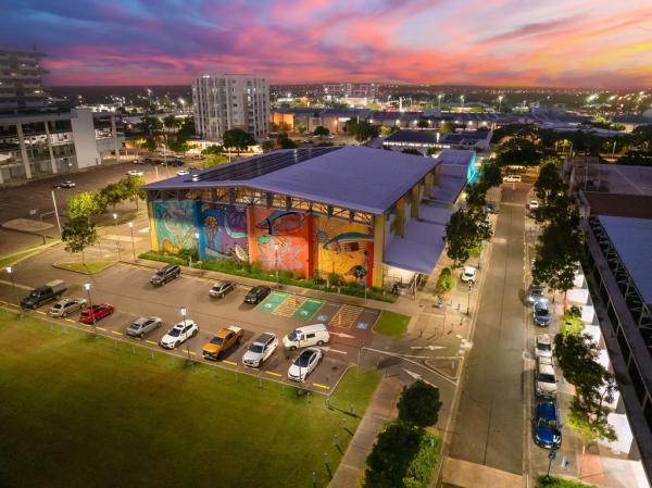 drone image at night of the back of the Palmerston Recreation Centre