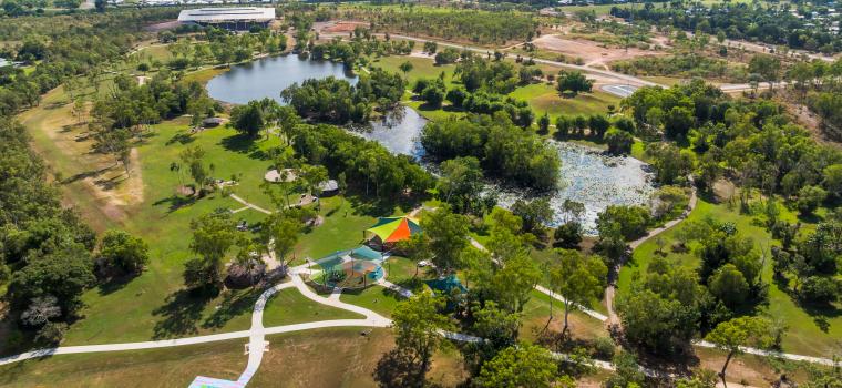 Aerial image showing Marlow Lagoon including pathways and basketball court