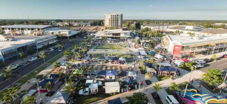 Drone image of Goyder Square. Showing Palmerston businesses