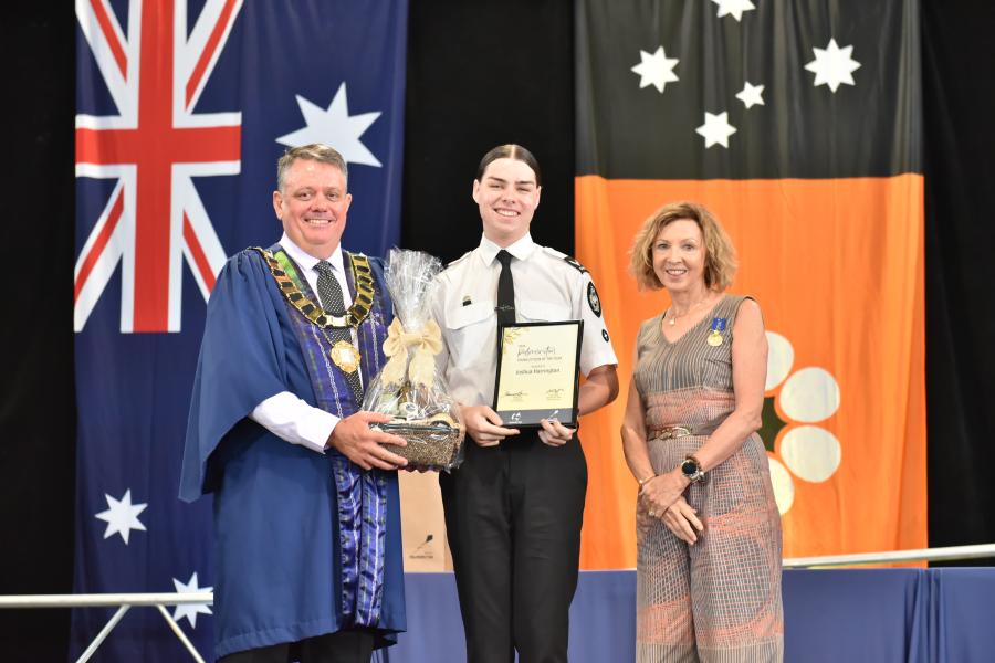 Image of Acting Mayor Damian Hale, Award Winne Joshua Harrington and Aust Day Council Vic Chair Helen Summers OAM